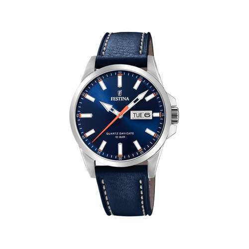 Festina men's watch steel leather blue