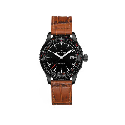 MONTRE HAMILTON HOMME AUTOMATIQUE ACIER NOIR CUIR MARRON