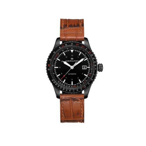 MONTRE HAMILTON HOMME AUTOMATIQUE ACIER NOIR CUIR MARRON