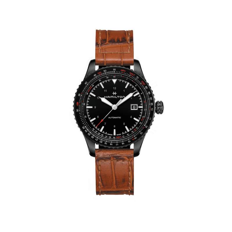 MONTRE HAMILTON HOMME AUTOMATIQUE ACIER NOIR CUIR MARRON - vue 1