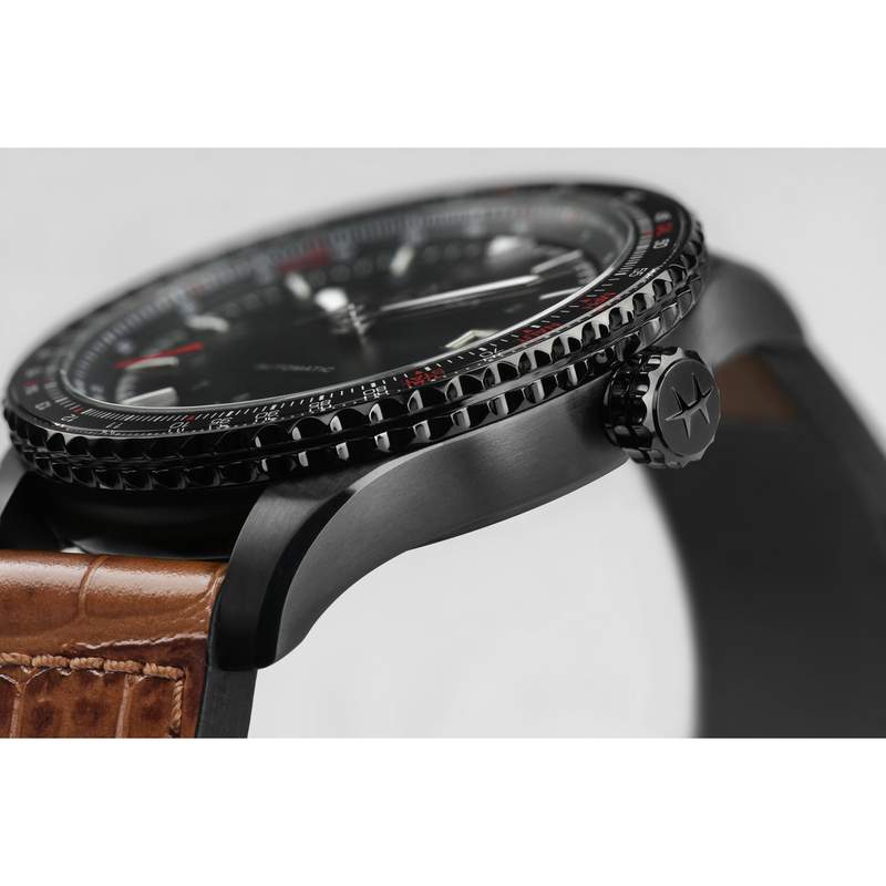 MONTRE HAMILTON HOMME AUTOMATIQUE ACIER NOIR CUIR MARRON - vue D1