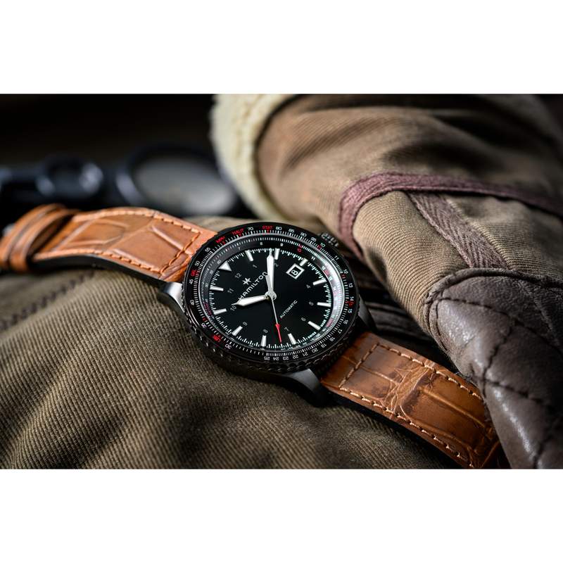 MONTRE HAMILTON HOMME AUTOMATIQUE ACIER NOIR CUIR MARRON - vue D4