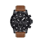 Montre Tissot homme chronographe acier noir cuir marron - vue 1