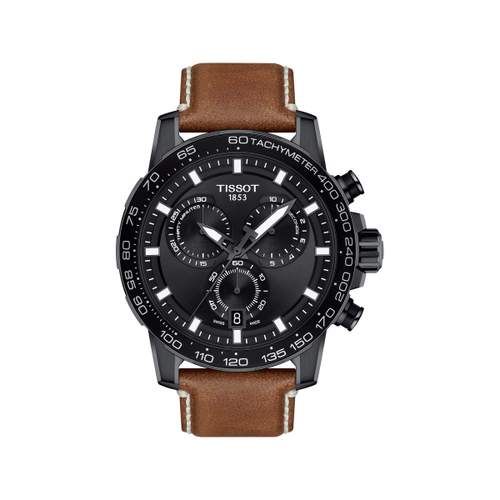 Montre Tissot homme chronographe acier noir cuir marron