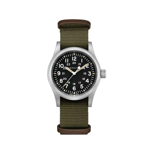 Hamilton herenhorloge, mechanisch, staal, groene stoffen band