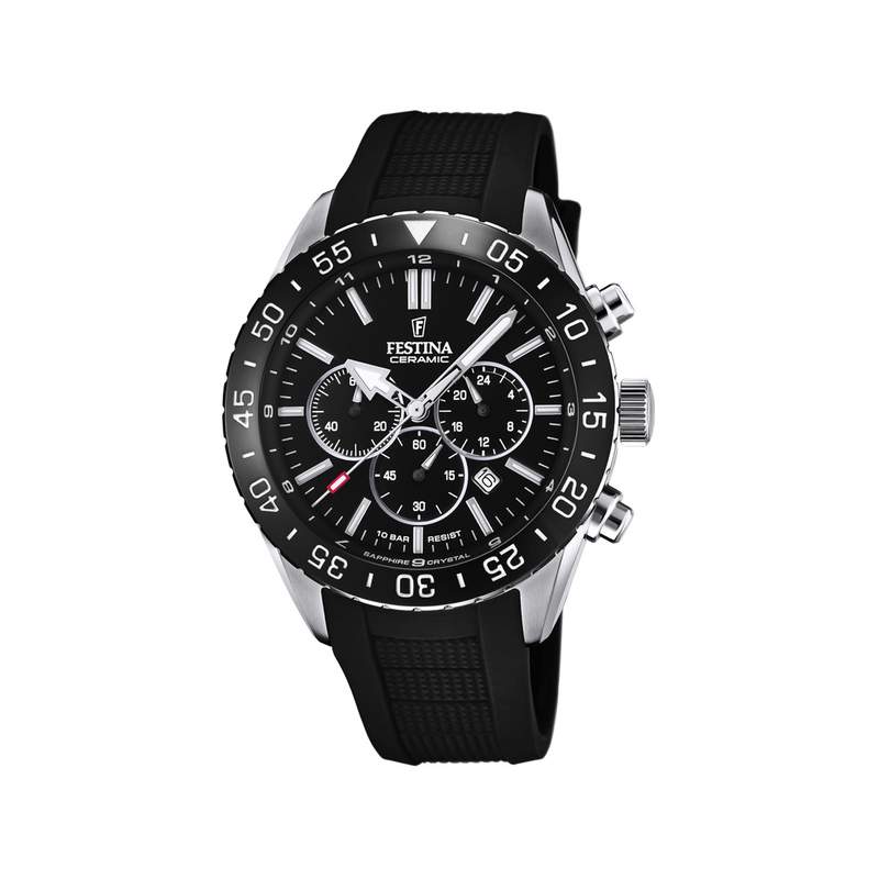 Montre Festina homme chronographe acier caoutchouc noir - vue 1