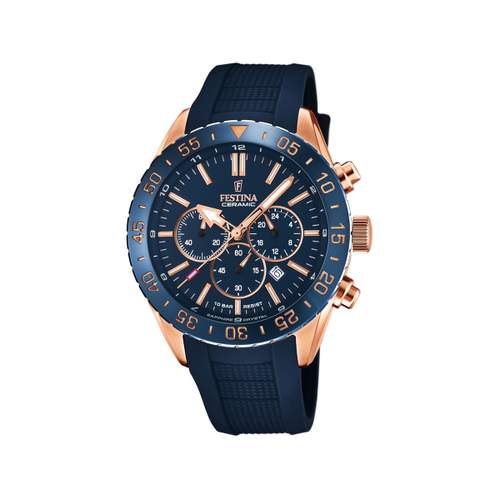 Montre Festina homme chronographe acier doré caoutchouc bleu
