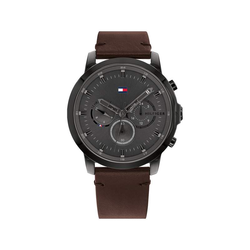 Montre Tommy Hilfiger homme acier noir cuir marron - vue 1