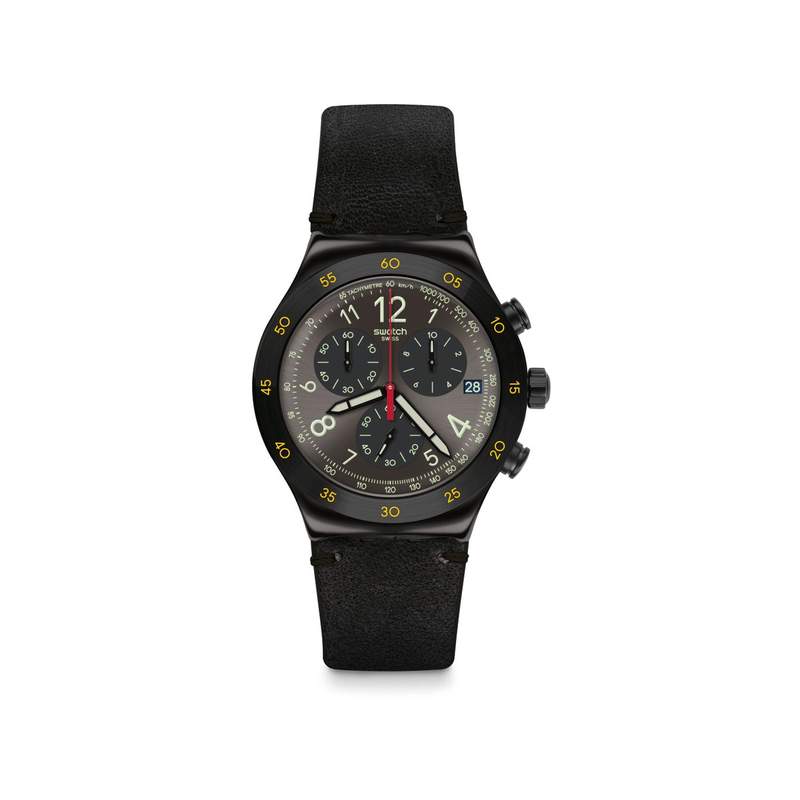 Montre Swatch homme acier noir cuir noir - vue 1