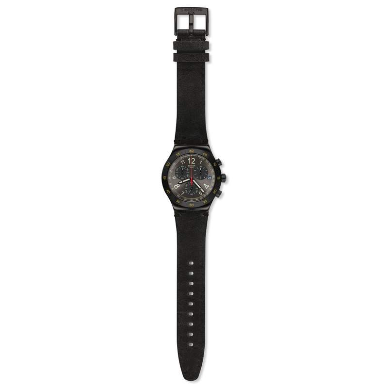 Montre Swatch homme acier noir cuir noir - vue D1