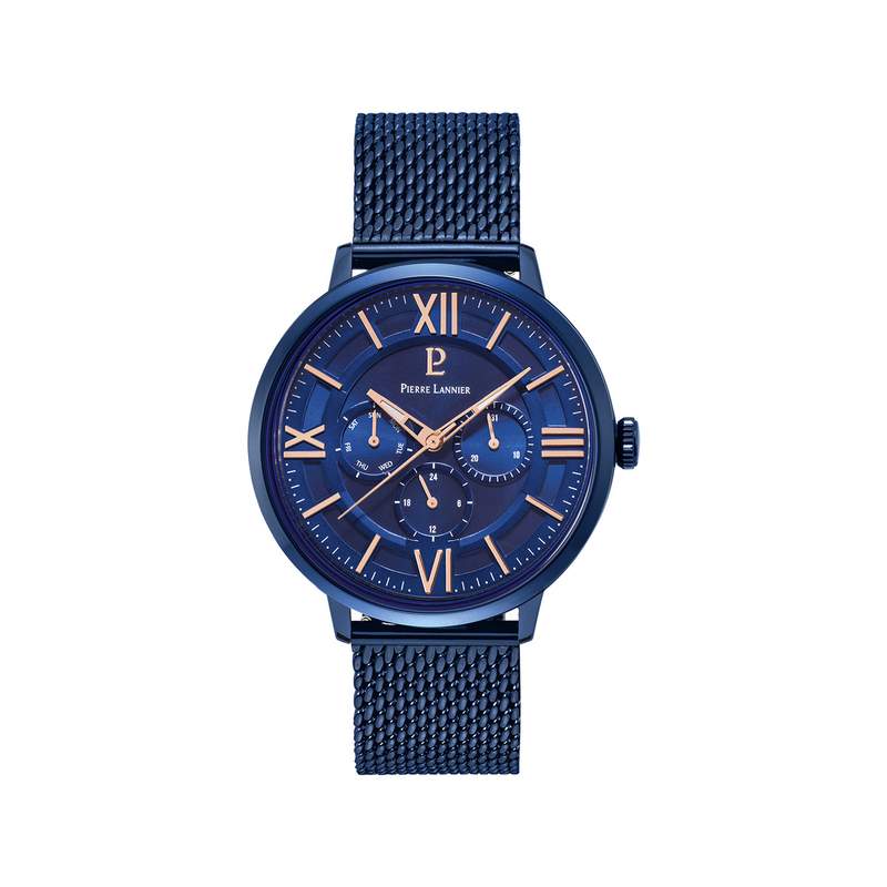 Montre Pierre Lannier homme acier bleu maille milanaise - vue 1