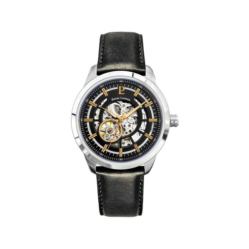 Montre Pierre Lannier homme automatique acier cuir noir - vue 1