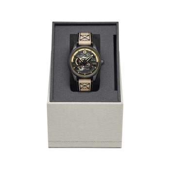AVI-8 men's automatic watch in steel with brown leather and nylon strap.