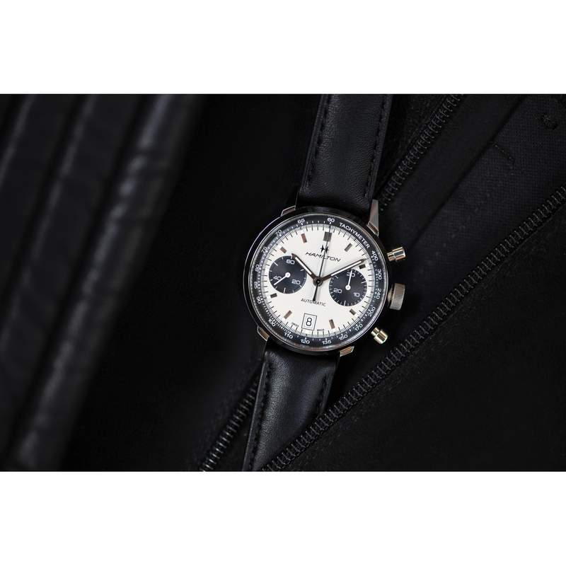 Montre Hamilton homme automatique chronographe acier cuir noir - vue D4