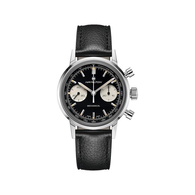 Montre Hamilton homme mécanique chronographe acier cuir noir - vue 1