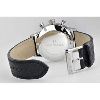 Hamilton herenhorloge, mechanisch, chronograaf, staal, zwart leer