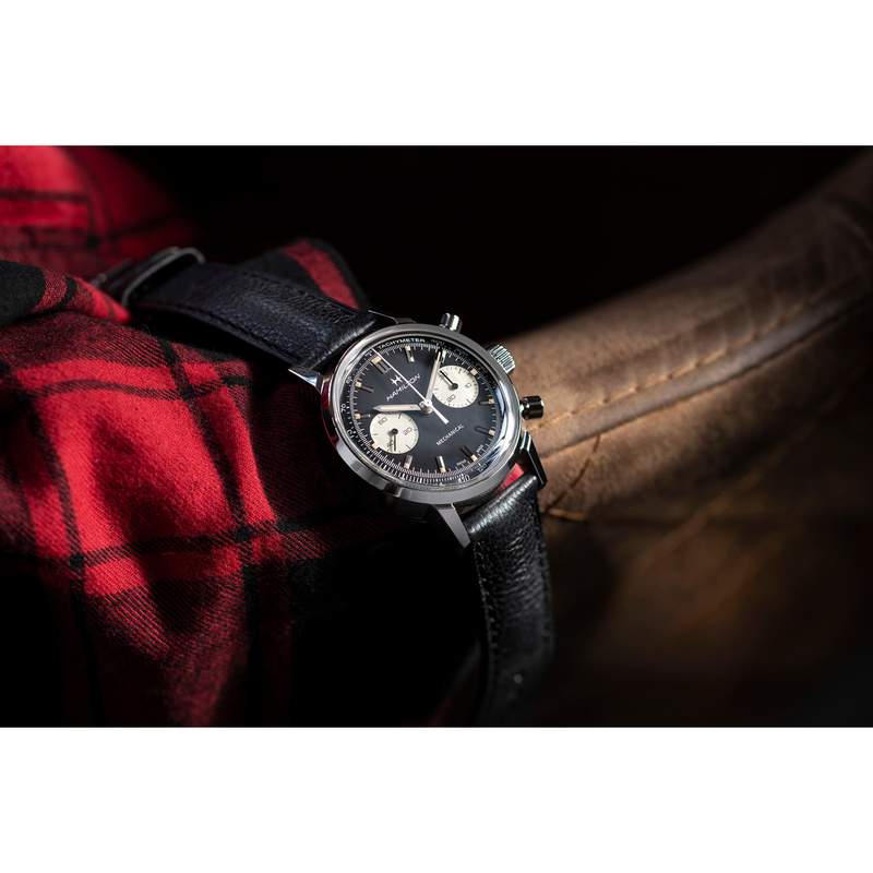 Montre Hamilton homme mécanique chronographe acier cuir noir - vue D3