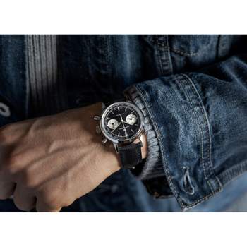 Hamilton herenhorloge, mechanisch, chronograaf, staal, zwart leer