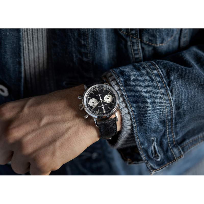 Montre Hamilton homme mécanique chronographe acier cuir noir - vue porté 1