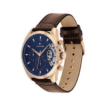 Tommy Holfiger stalen roségoud bruin leren horloge