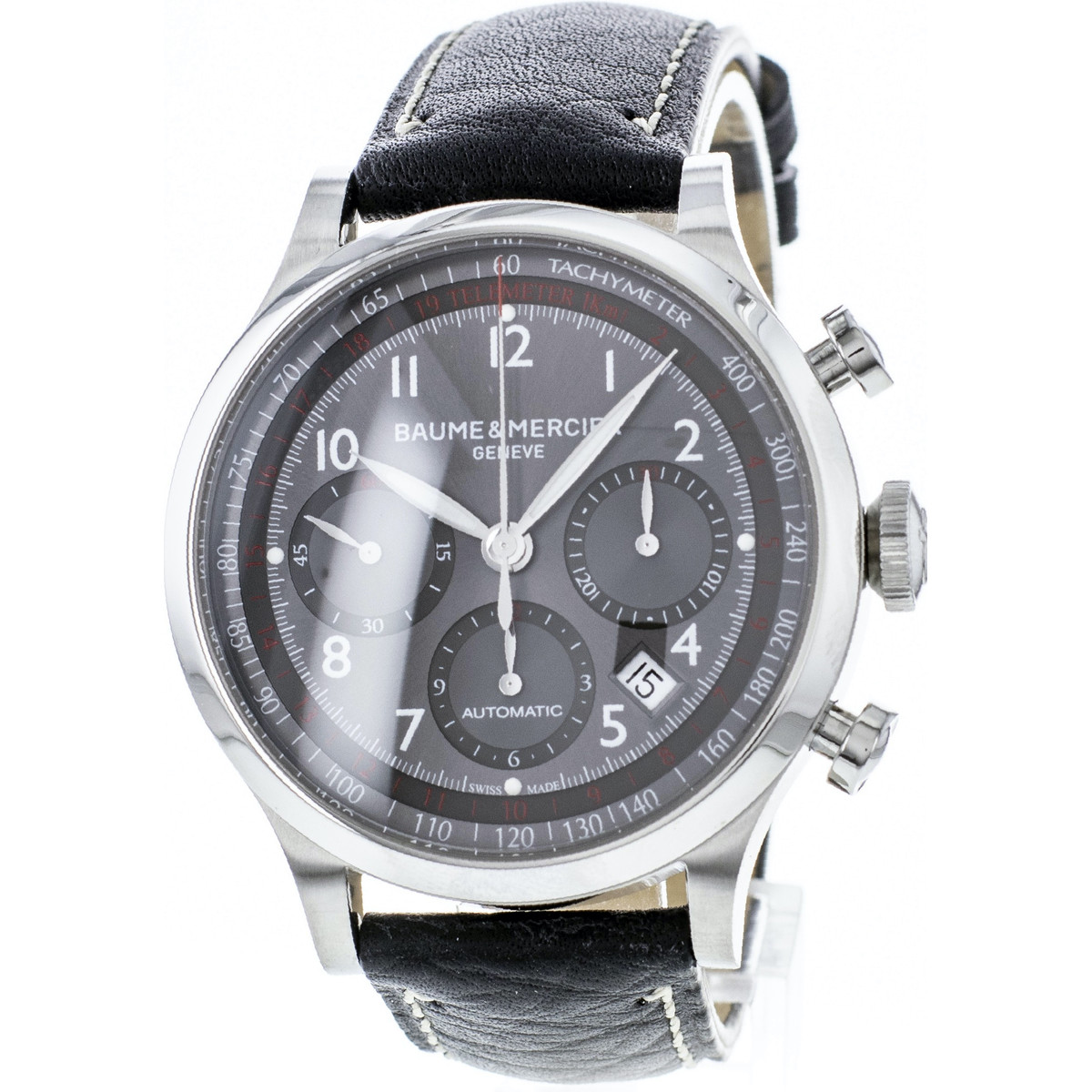 Montre d'occasion Baume et Mercier Capeland homme chronographe acier  bracelet cuir noir - vue D1
