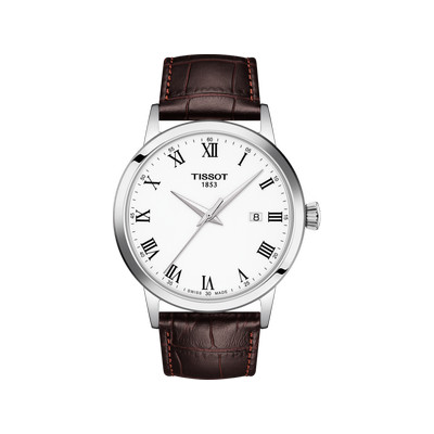 Montre TISSOT T-CLASSIC DREAM homme cadran blanc bracelet cuir brun - vue 1
