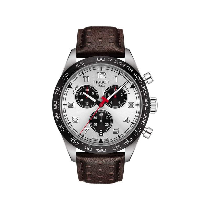 Montre Tissot homme chronographe acier cbracelet cuir brun - vue 1
