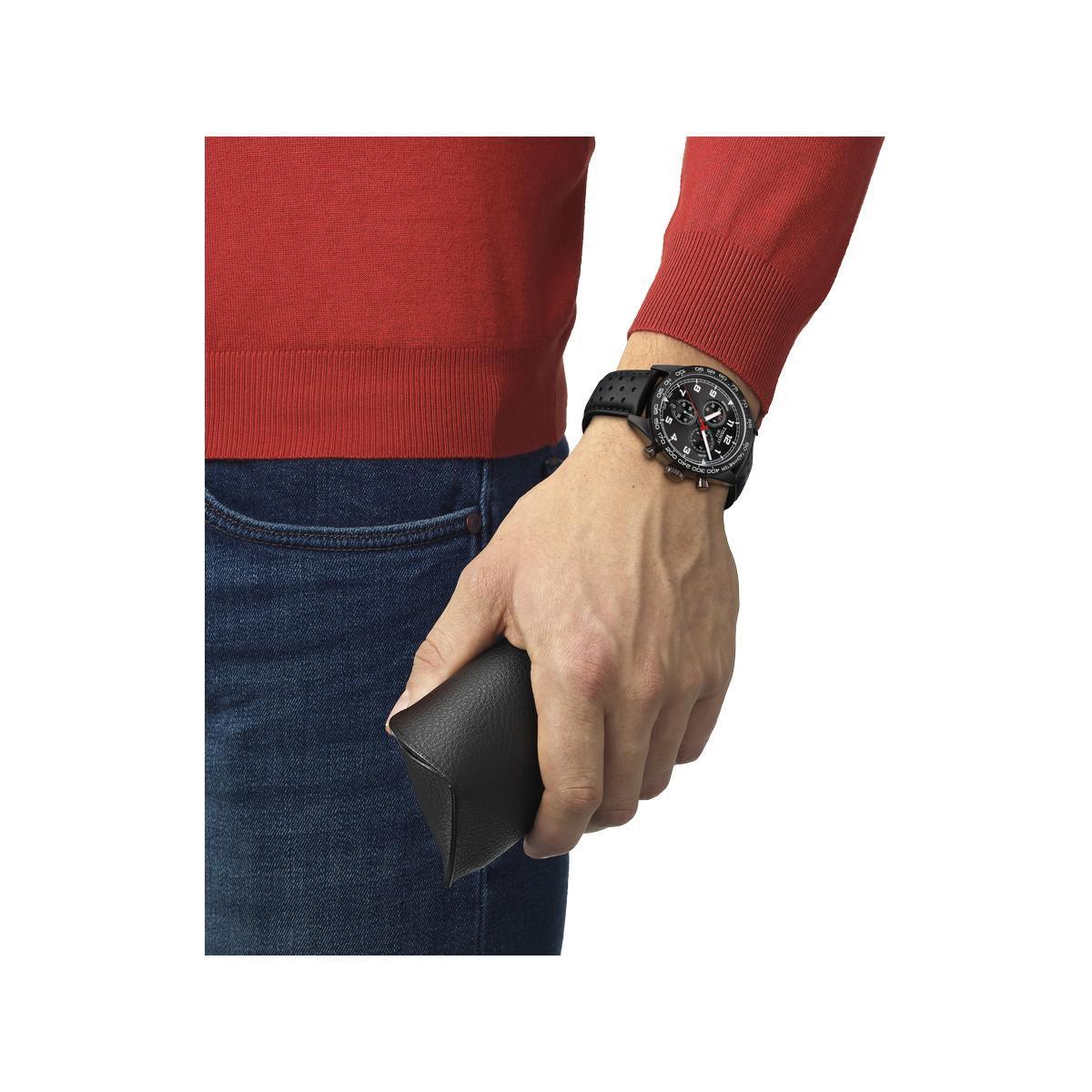 Montre Tissot homme chronographe acier bracelet cuir noir - vue porté 1