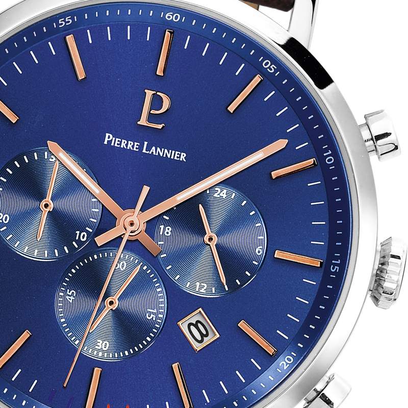Montre Pierre Lannier homme acier bracelet cuir brun - vue D1
