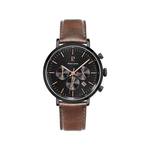 Montre Pierre Lannier homme acier noir bracelet cuir marron