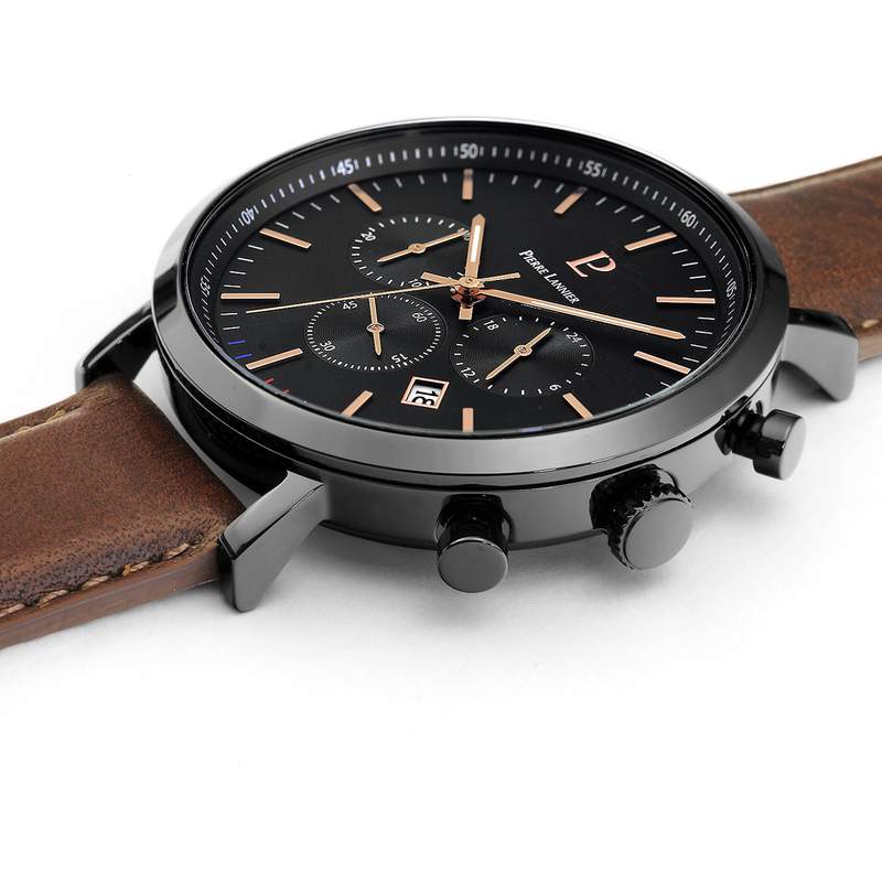 Pierre Lannier men's watch in black steel with brown leather strap - view 2