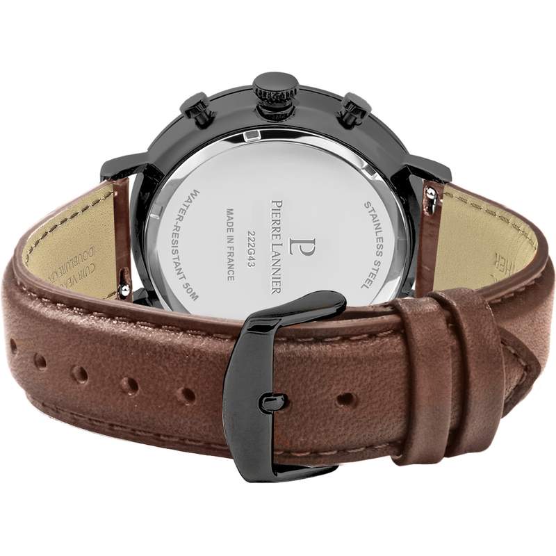 Pierre Lannier men's watch in black steel with brown leather strap - view 3