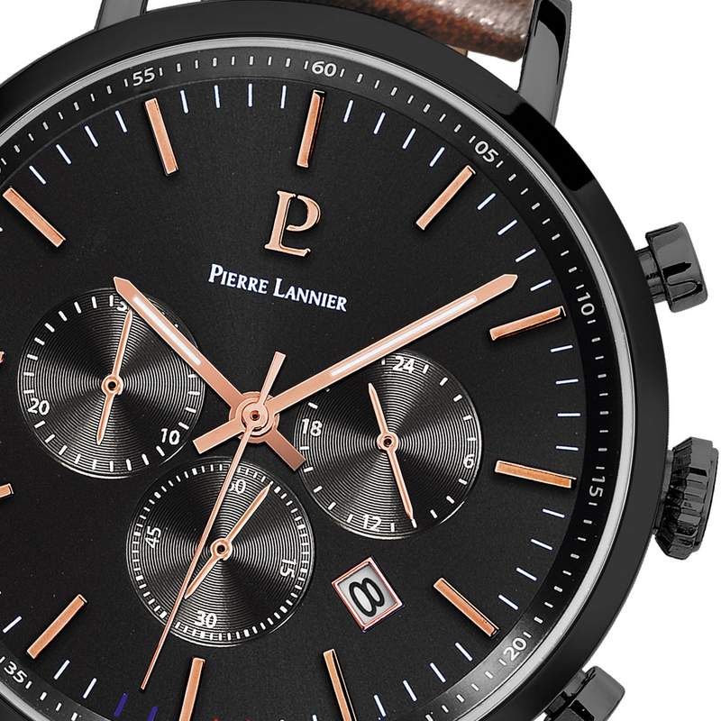 Pierre Lannier men's watch in black steel with brown leather strap - view D1