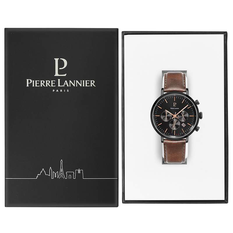 Pierre Lannier men's watch in black steel with brown leather strap - view D2