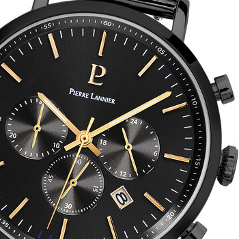 Pierre Lannier black steel men's watch black steel bracelet Milanese mesh