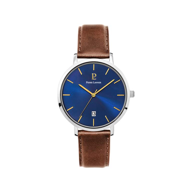Montre Pierre Lannier homme acier bracelet cuir marron - vue 1