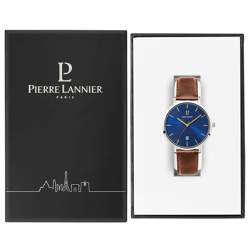 Montre Pierre Lannier homme acier bracelet cuir marron - vue D2