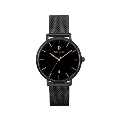 Montre Pierre Lannier homme acier noir bracelet maille milanaise - vue 1