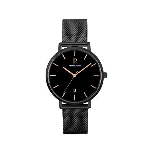 Pierre Lannier black steel men's watch with Milanese link bracelet