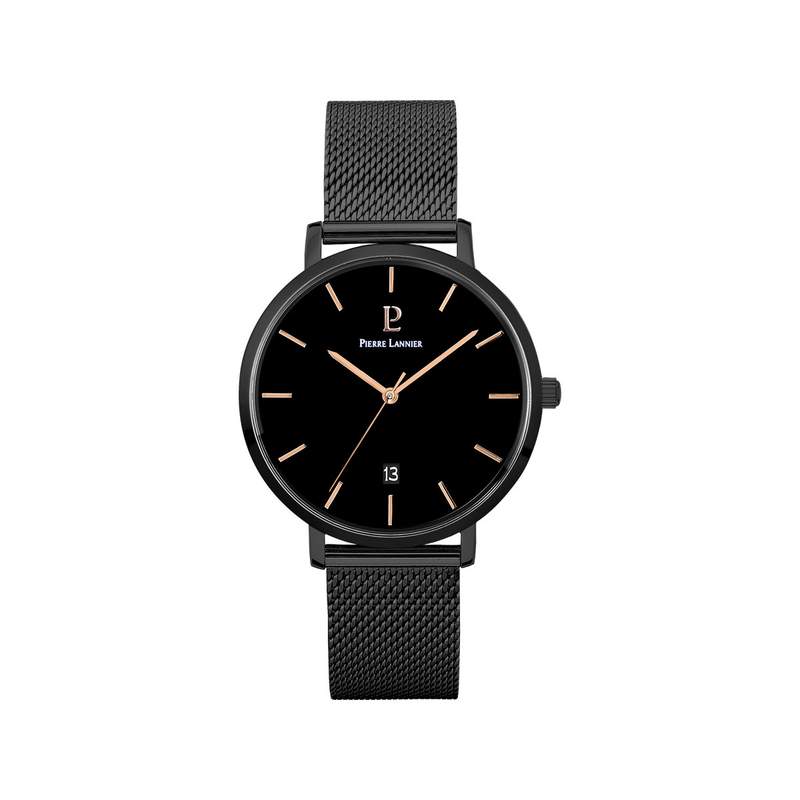 Montre Pierre Lannier homme acier noir bracelet maille milanaise - vue 1