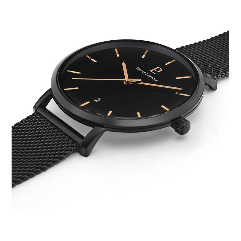 Montre Pierre Lannier homme acier noir bracelet maille milanaise - vue 2