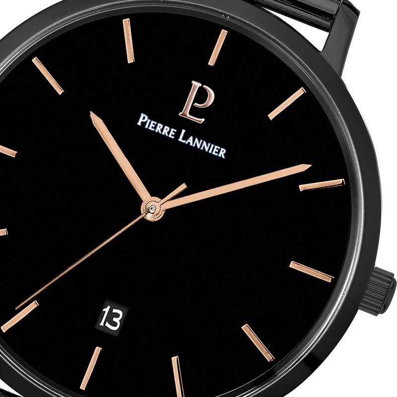 Montre Pierre Lannier homme acier noir bracelet maille milanaise - vue D1
