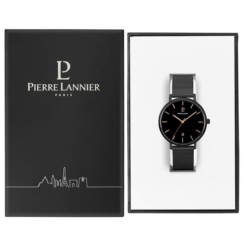 Montre Pierre Lannier homme acier noir bracelet maille milanaise - vue D2