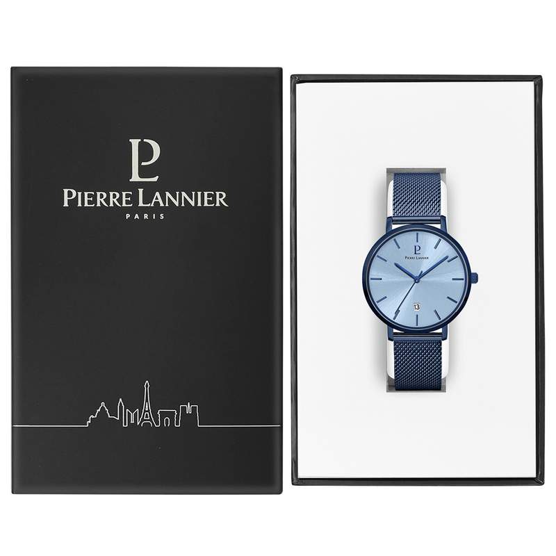 Montre Pierre Lannier homme acier bleu bracelet maille milanaise - vue D2