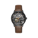 Montre Pierre Lannier homme automatique acier noir bracelet cuir marron - vue 1