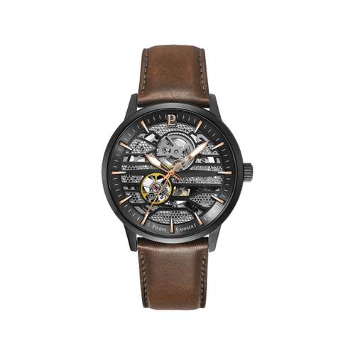 Montre Pierre Lannier homme automatique acier noir bracelet cuir marron