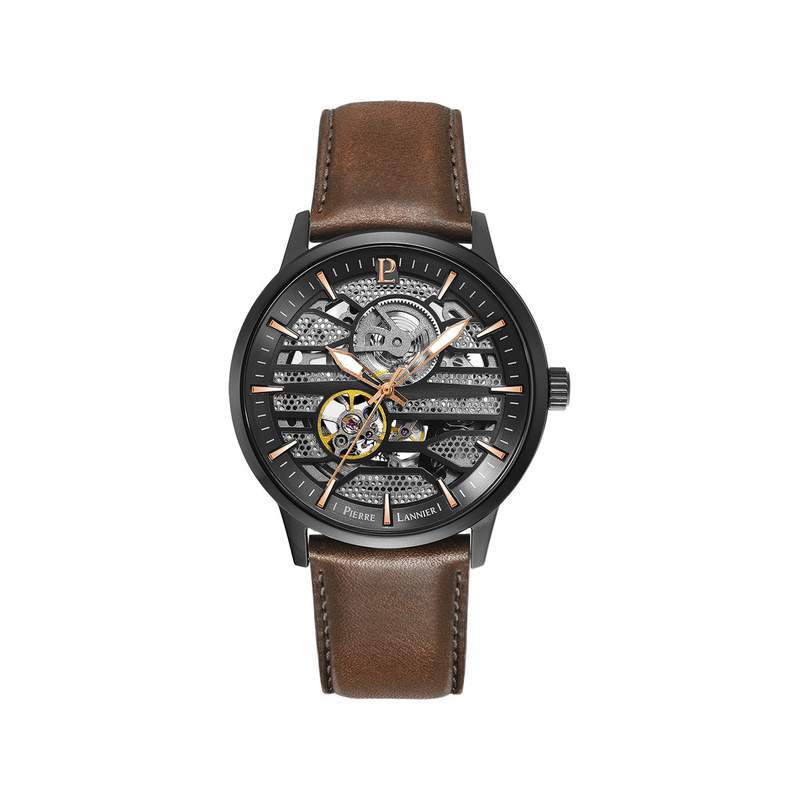 Montre Pierre Lannier homme automatique acier noir bracelet cuir marron - vue 1