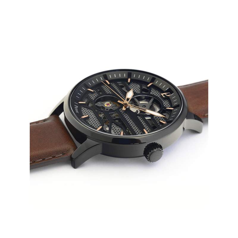 Montre Pierre Lannier homme automatique acier noir bracelet cuir marron - vue 2