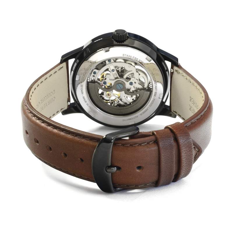 Montre Pierre Lannier homme automatique acier noir bracelet cuir marron - vue 3