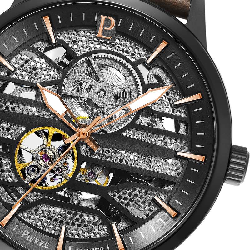 Montre Pierre Lannier homme automatique acier noir bracelet cuir marron - vue D1